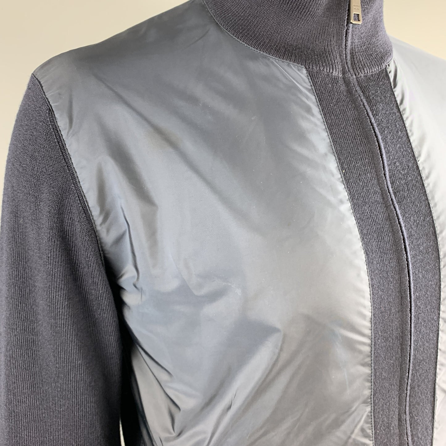 PRADA Size 42 Navy Nylon &  Wool Zip Up High Collar Jacket