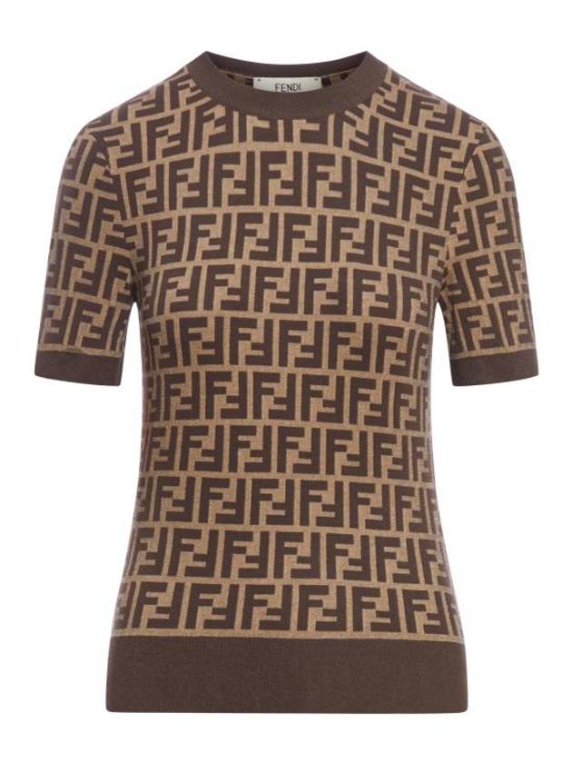 Fendi FF Cotton Crew Neck Short-Sleeved Knit Top Brown