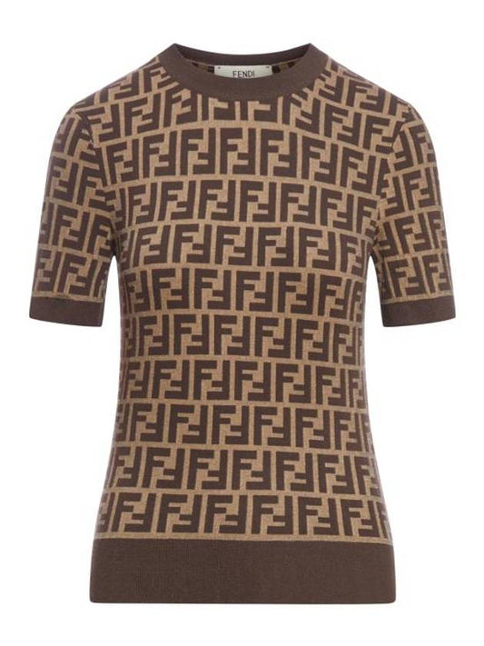Fendi FF Cotton Crew Neck Short-Sleeved Knit Top Brown