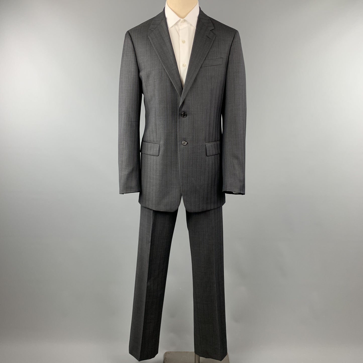 PRADA 42 Long Charcoal Stripe Wool 36 x 34 Suit