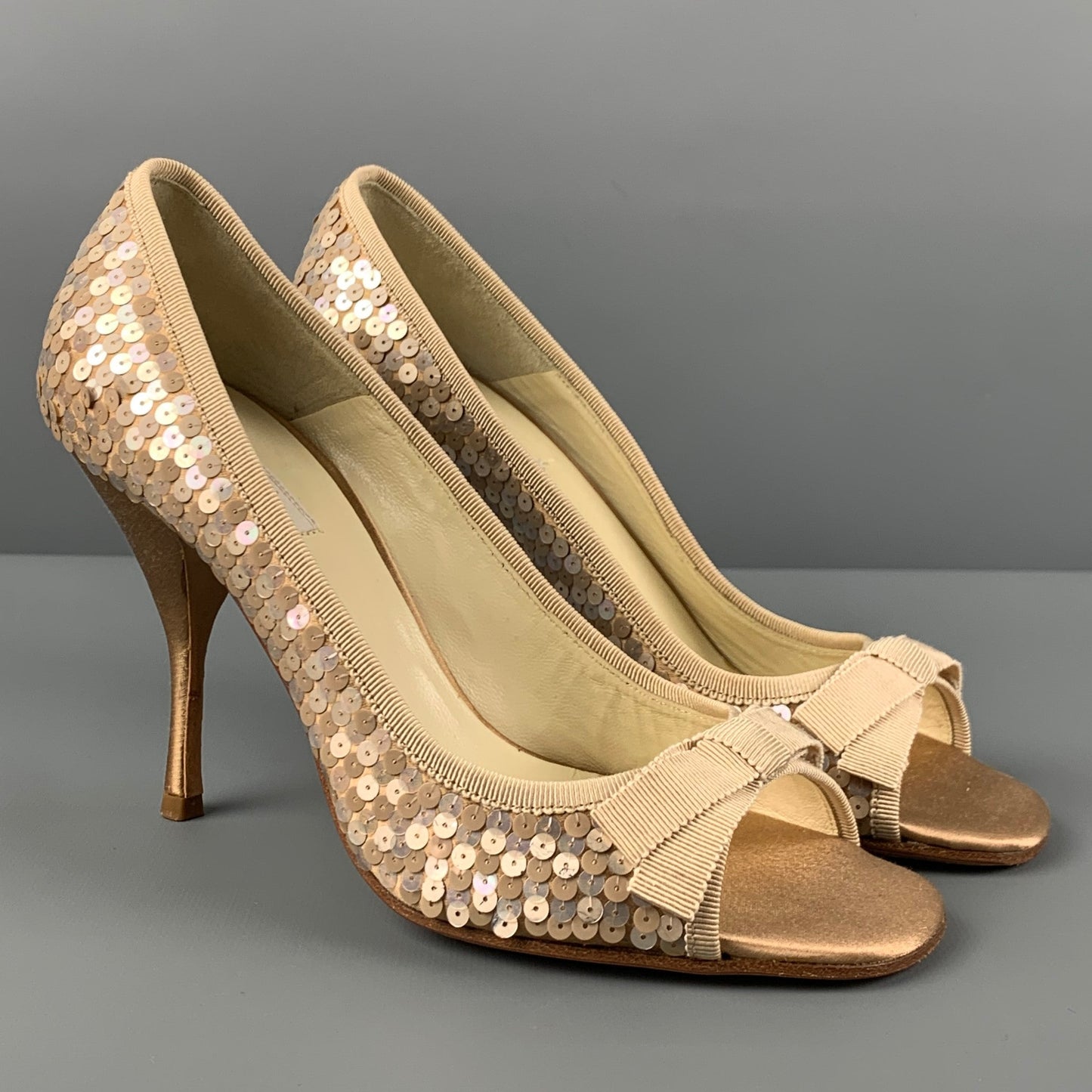 PRADA Size 6.5 Taupe Silk Sequined Peep Toe Pumps