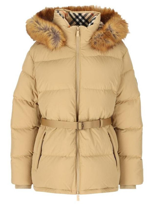 Burberry Faux Fur Trim Hooded Short Down Padding Flax