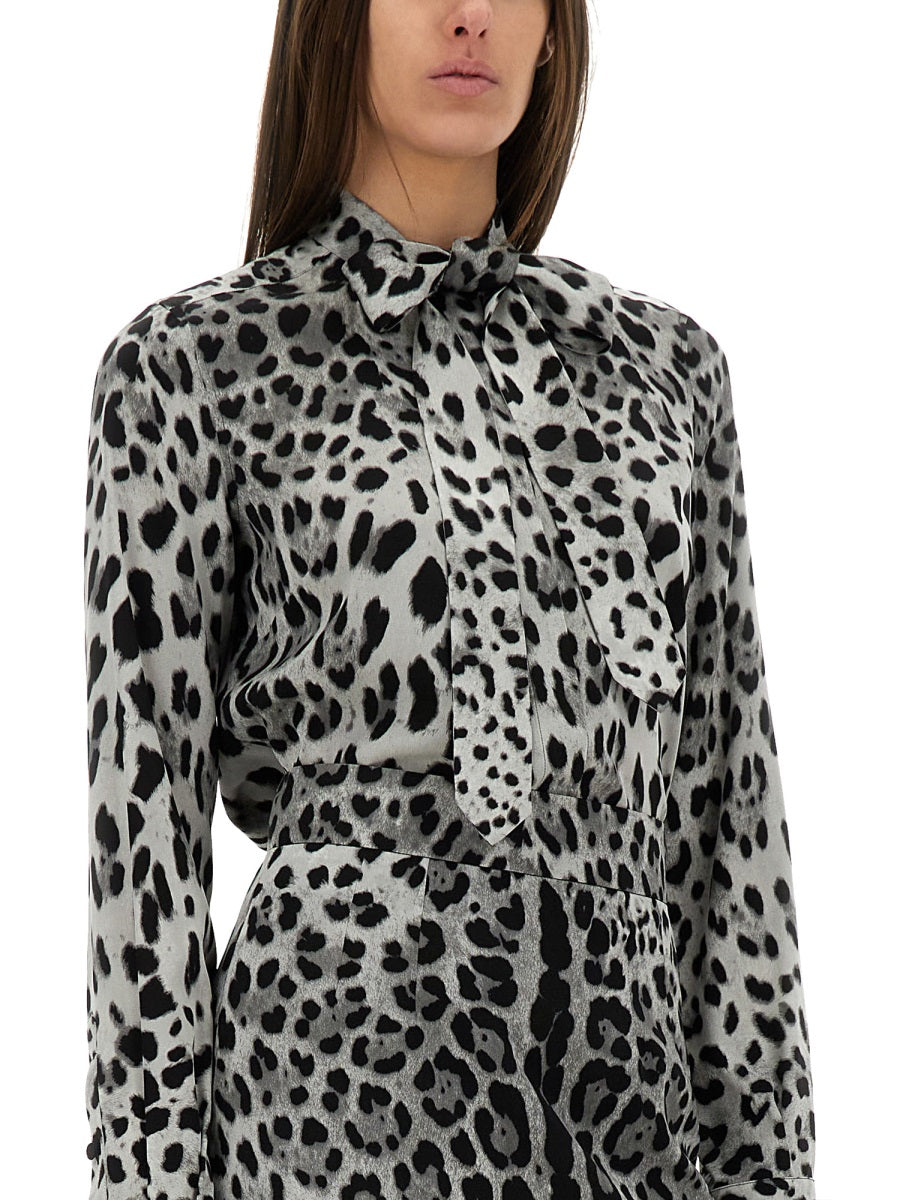 Dolce & Gabbana Women Leopard Print Bow Charmeuse Shirt