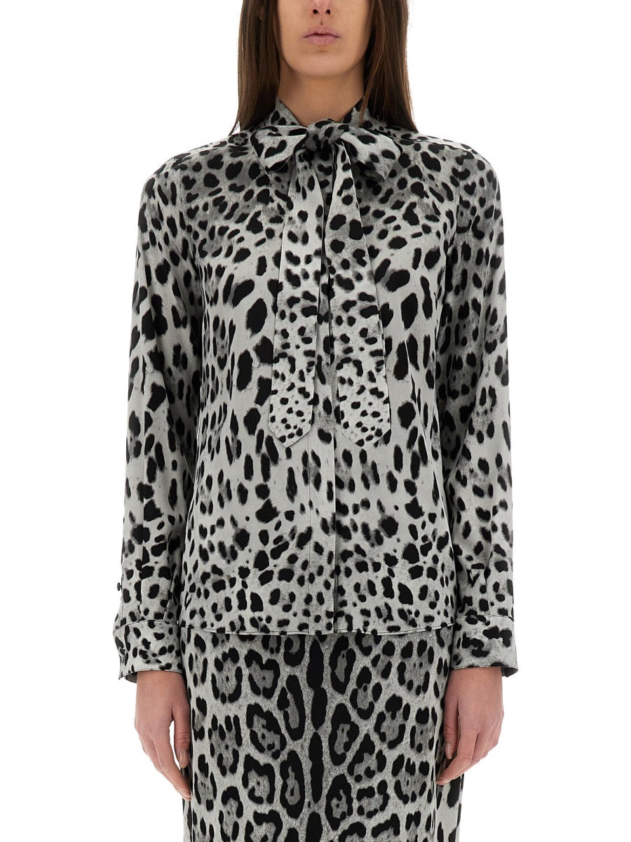 Dolce & Gabbana Women Leopard Print Bow Charmeuse Shirt