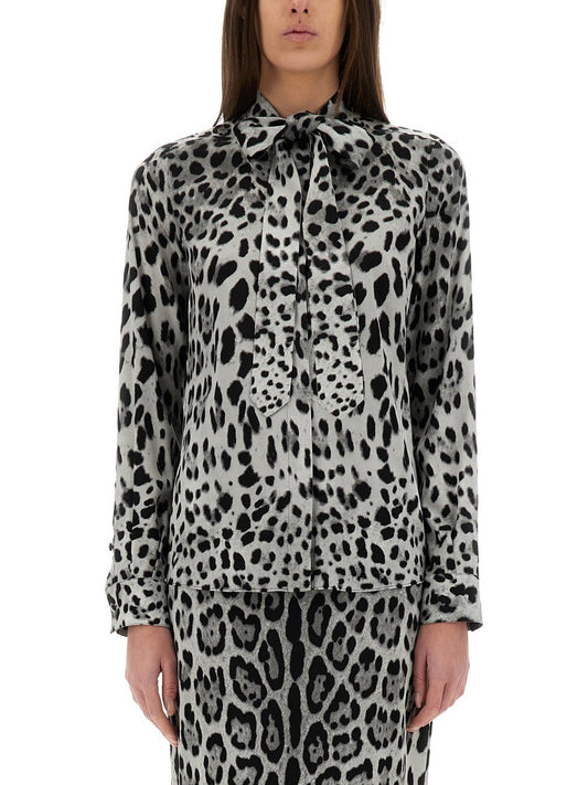 Dolce & Gabbana Women Leopard Print Bow Charmeuse Shirt