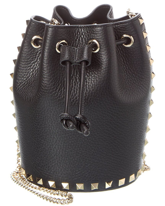 Valentino Rockstud Grainy Leather Bucket Bag ONE SIZE Black