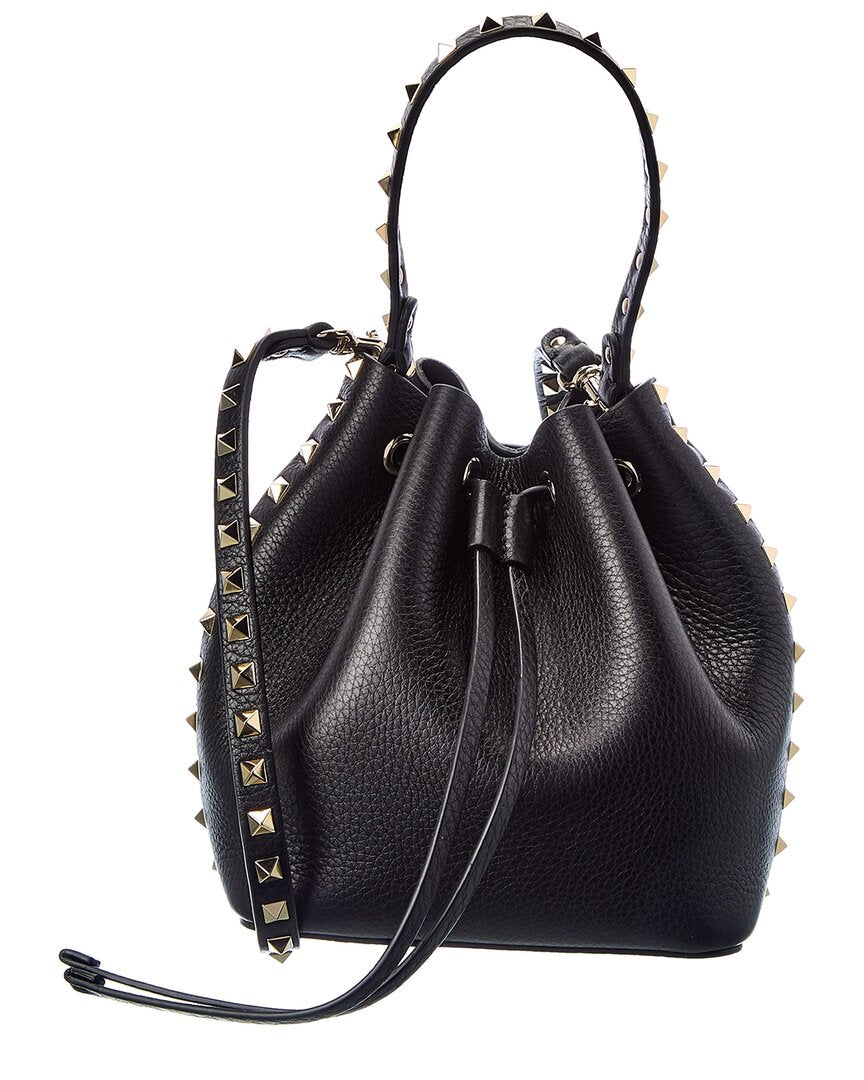 Valentino Rockstud Grainy Leather Bucket Bag ONE SIZE Black