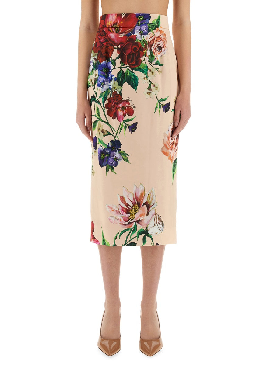 Dolce & Gabbana Women Flower Print Satin Midi Pencil Skirt