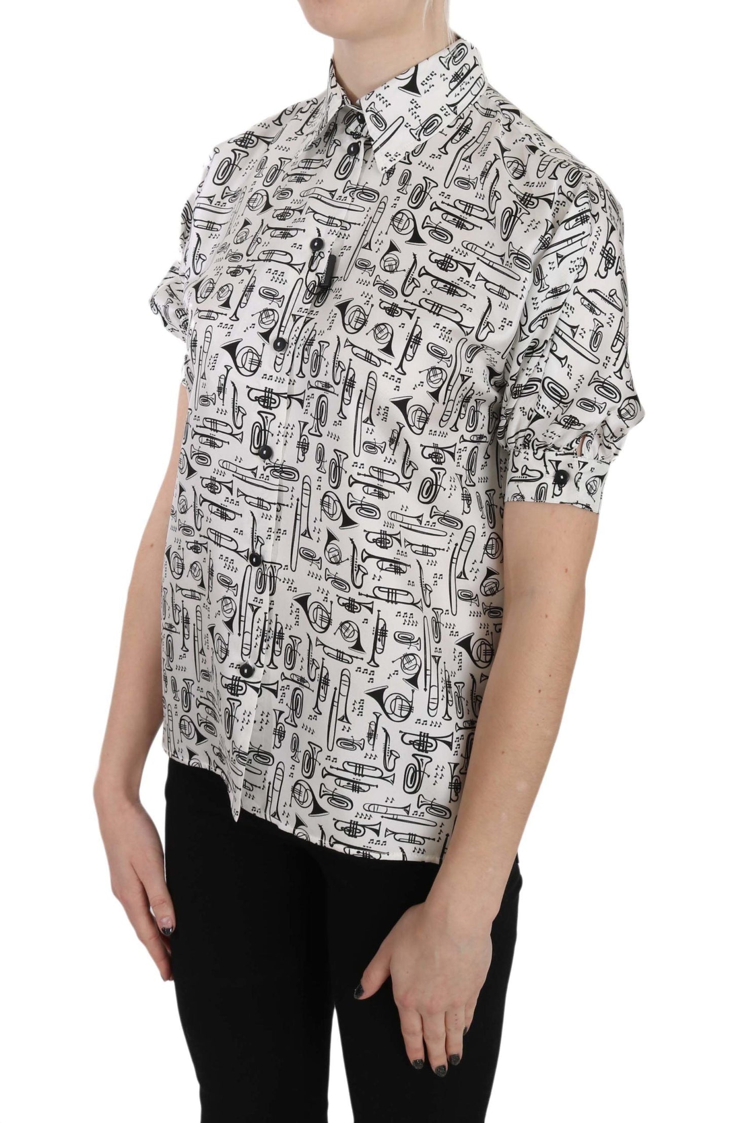 Dolce & Gabbana Trumpet Print Button Front Silk Top Women's Blouse