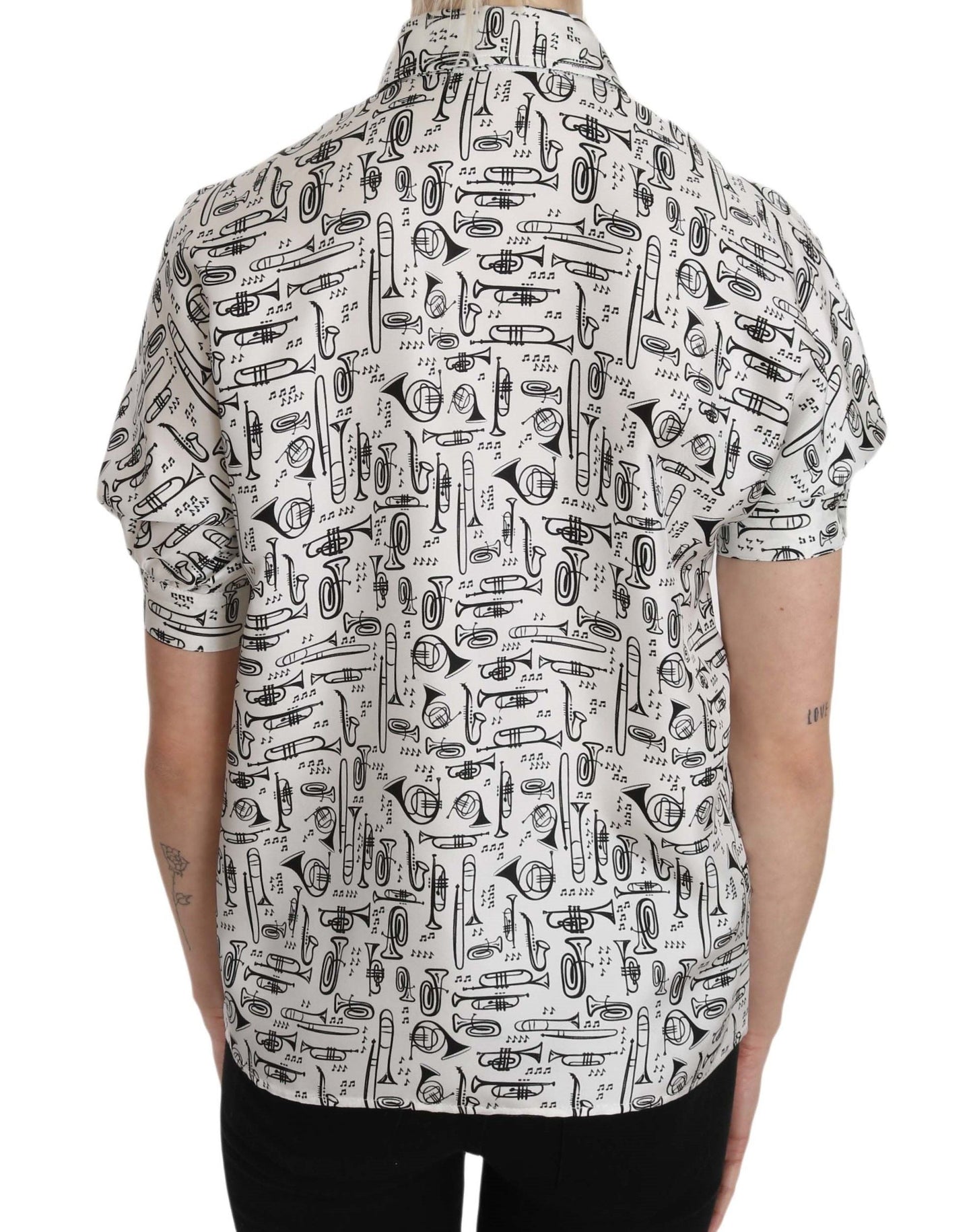 Dolce & Gabbana Trumpet Print Button Front Silk Top Women's Blouse