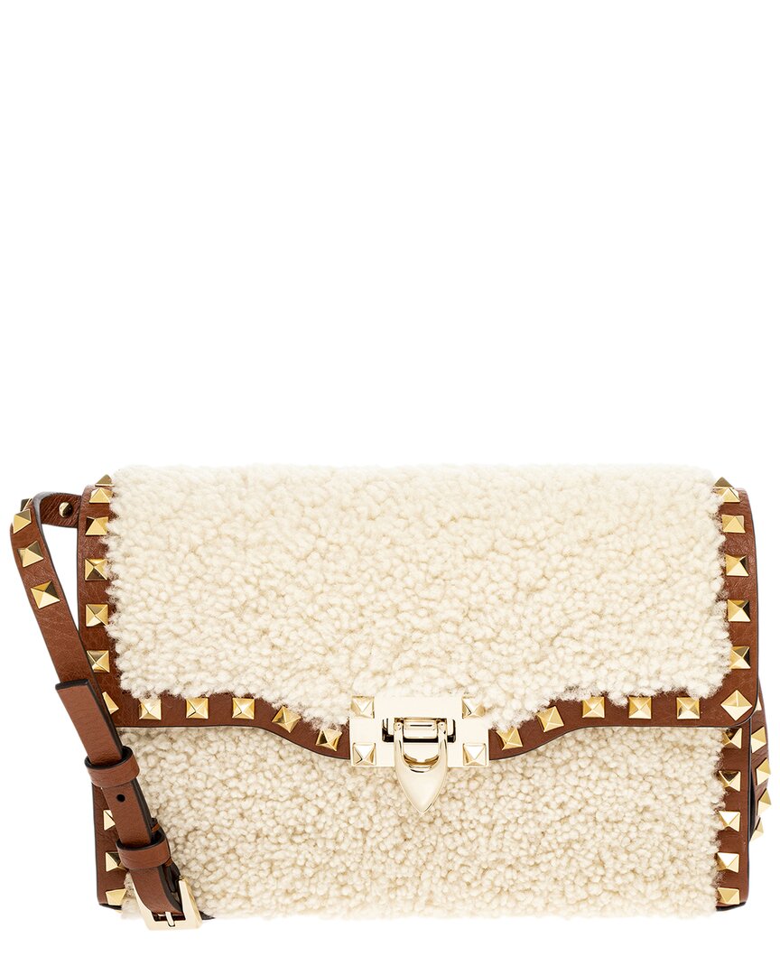 Valentino Rockstud Small Shearling & Leather Shoulder Bag ONE SIZE Beige