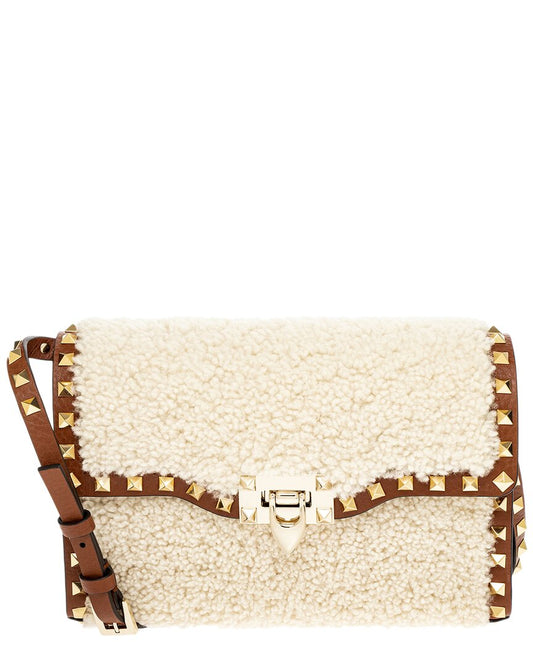 Valentino Rockstud Small Shearling & Leather Shoulder Bag ONE SIZE Beige