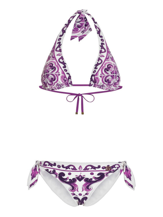 Dolce & Gabbana Women Majolica Print Padded Triangle Bikini Swimsuit