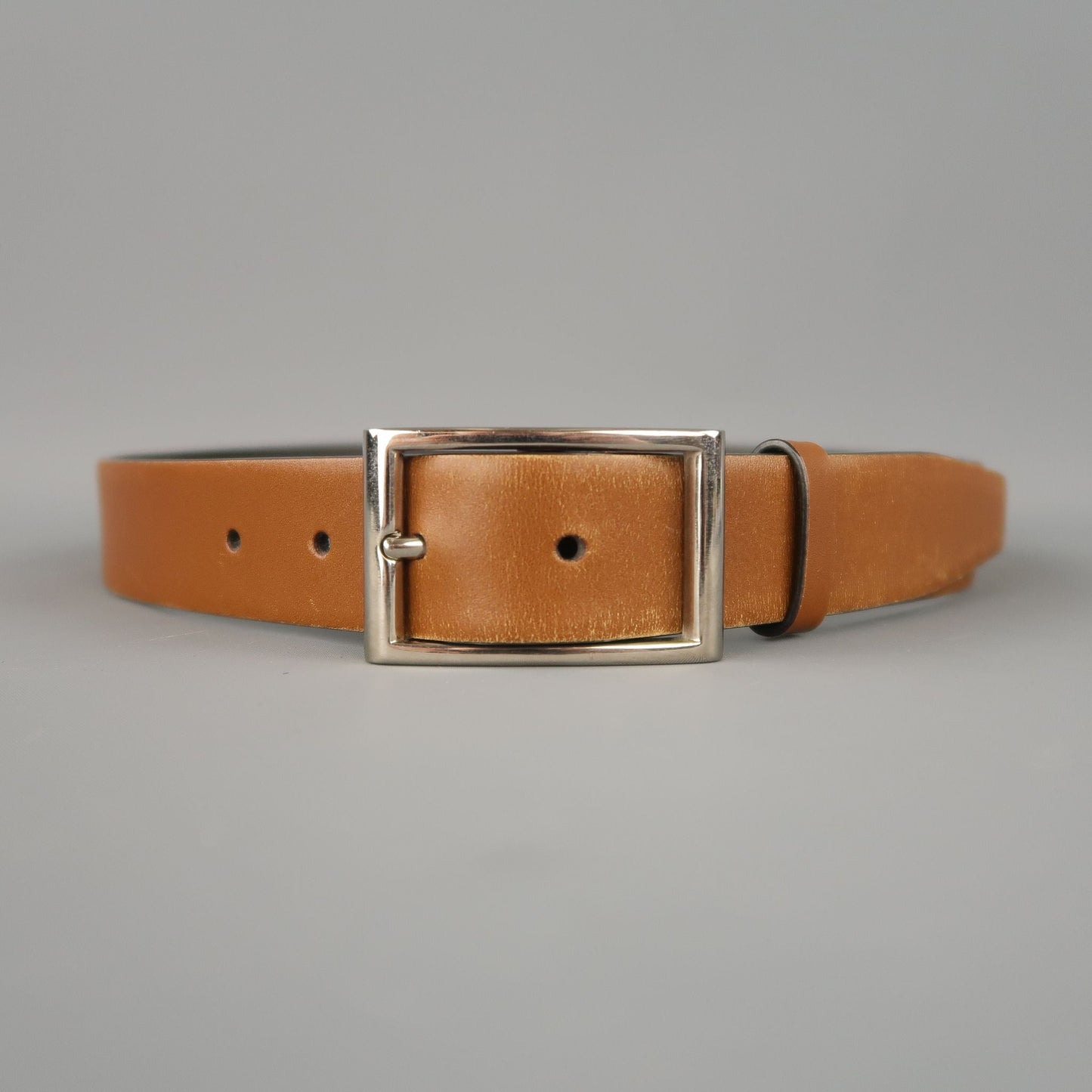 PRADA Tan Leather Silver Rectangle Buckle Belt