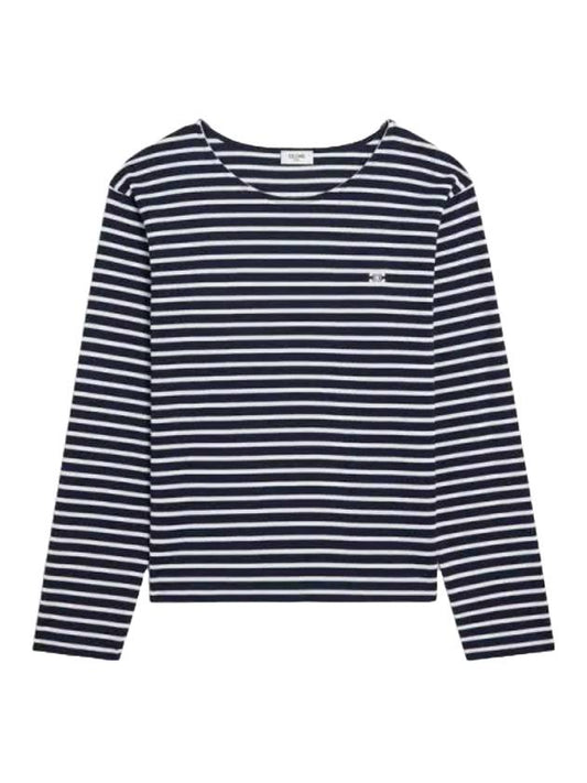 CELINE Triomphe Striped Cotton Jersey Long Sleeve T-Shirt White Navy