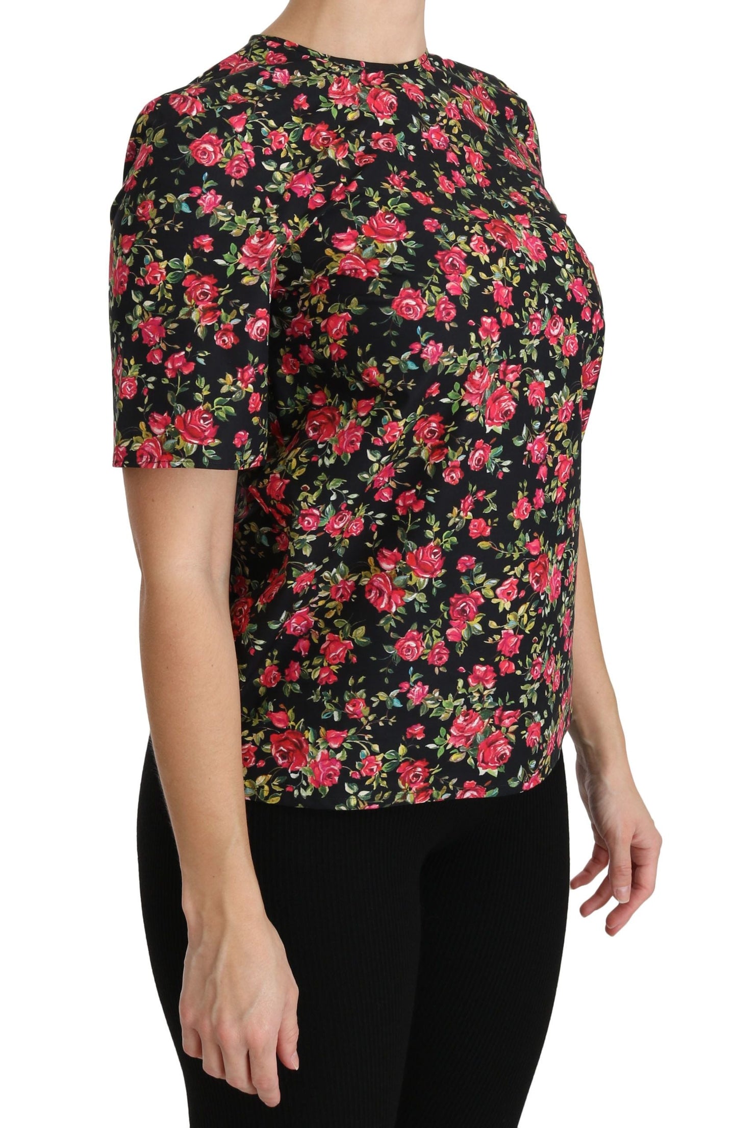 Dolce & Gabbana Black Floral Roses Short Sleeve Top Women's Blouse