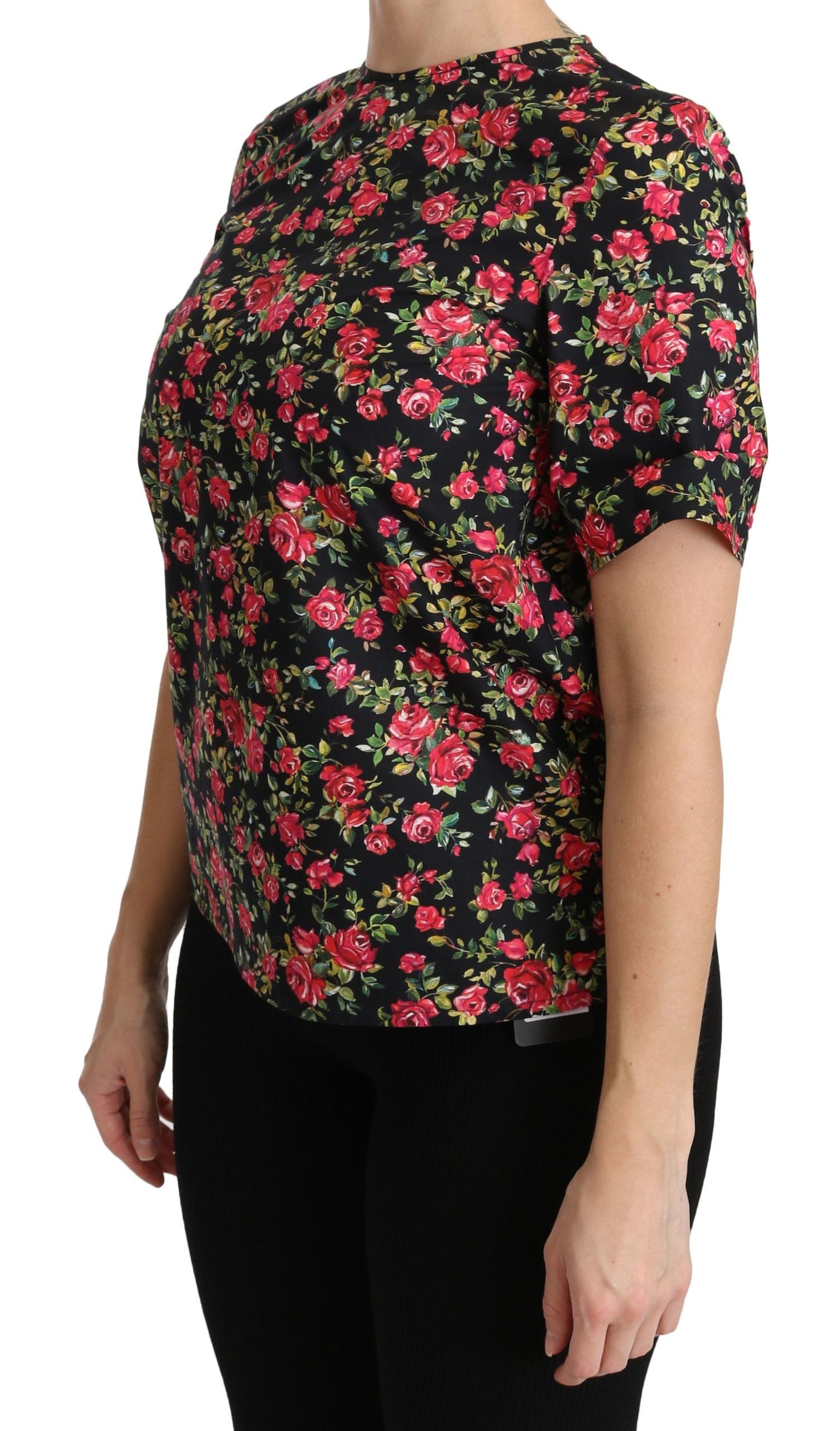 Dolce & Gabbana Black Floral Roses Short Sleeve Top Women's Blouse