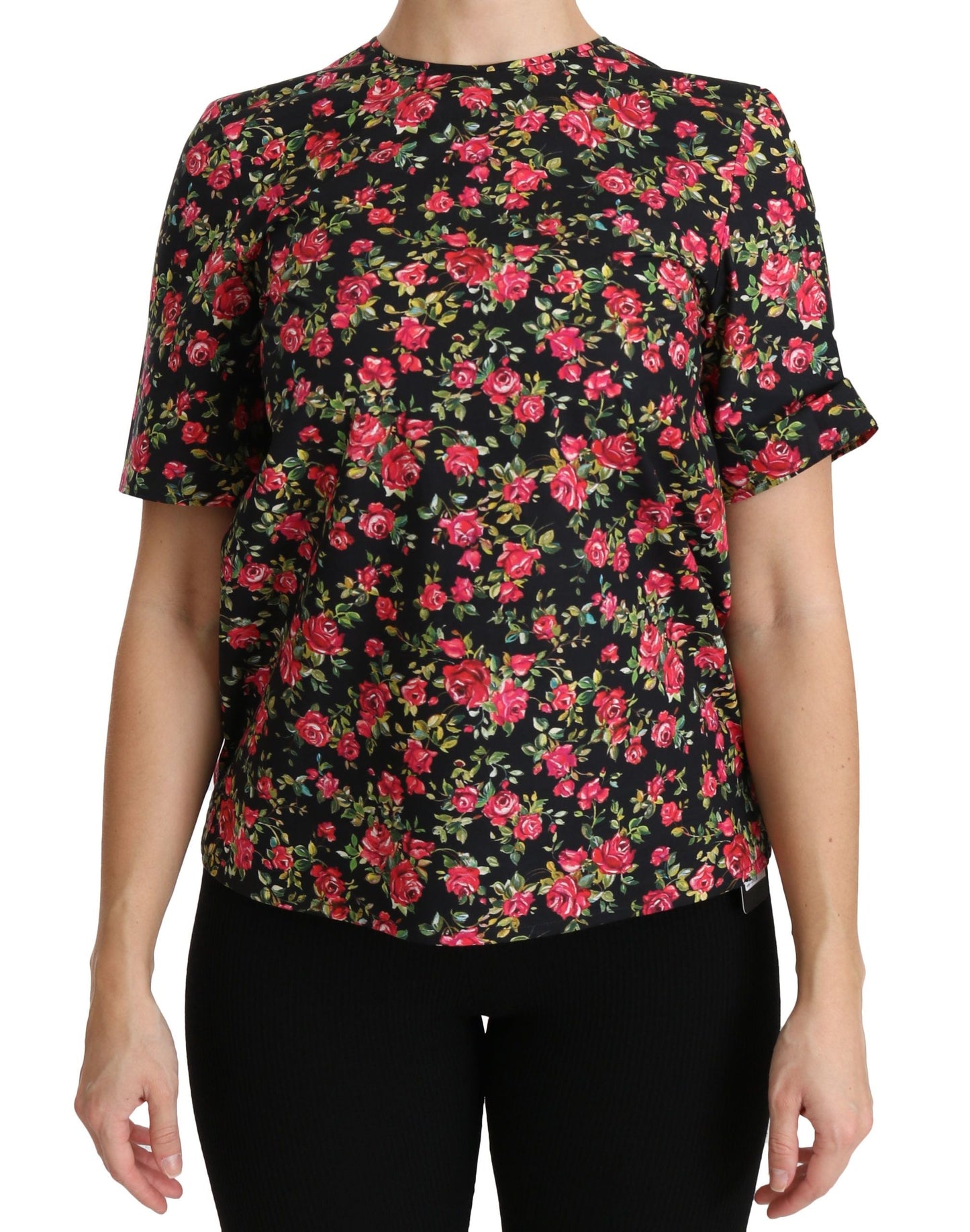 Dolce & Gabbana Black Floral Roses Short Sleeve Top Women's Blouse