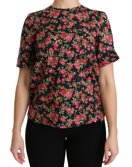 Dolce & Gabbana Black Floral Roses Short Sleeve Top Women's Blouse