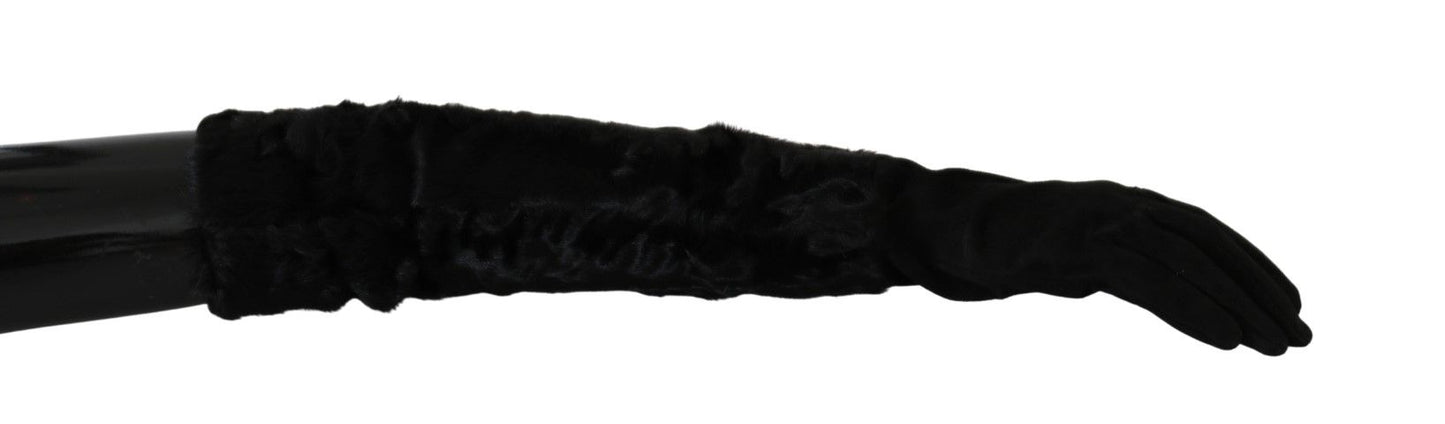 Dolce & Gabbana Black Elbow Length Mitten Suede Fur Women's Gloves