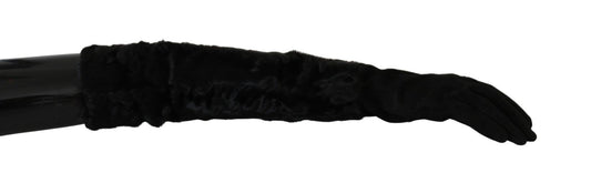 Dolce & Gabbana Black Elbow Length Mitten Suede Fur Women's Gloves