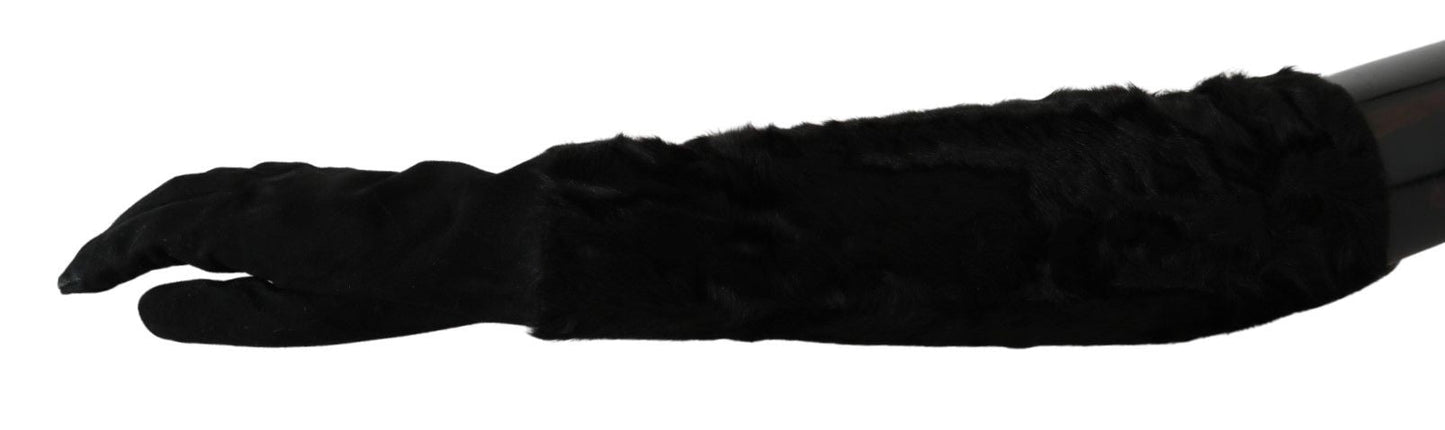 Dolce & Gabbana Black Elbow Length Mitten Suede Fur Women's Gloves