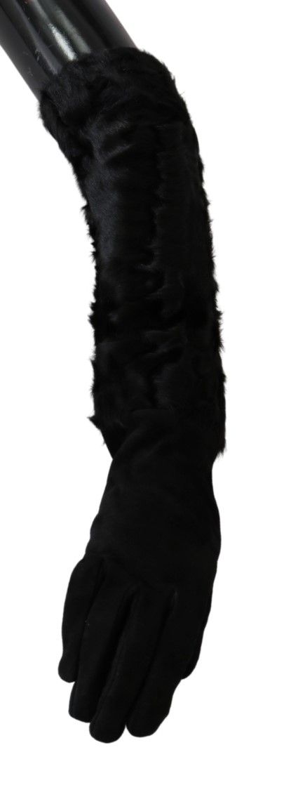 Dolce & Gabbana Black Elbow Length Mitten Suede Fur Women's Gloves