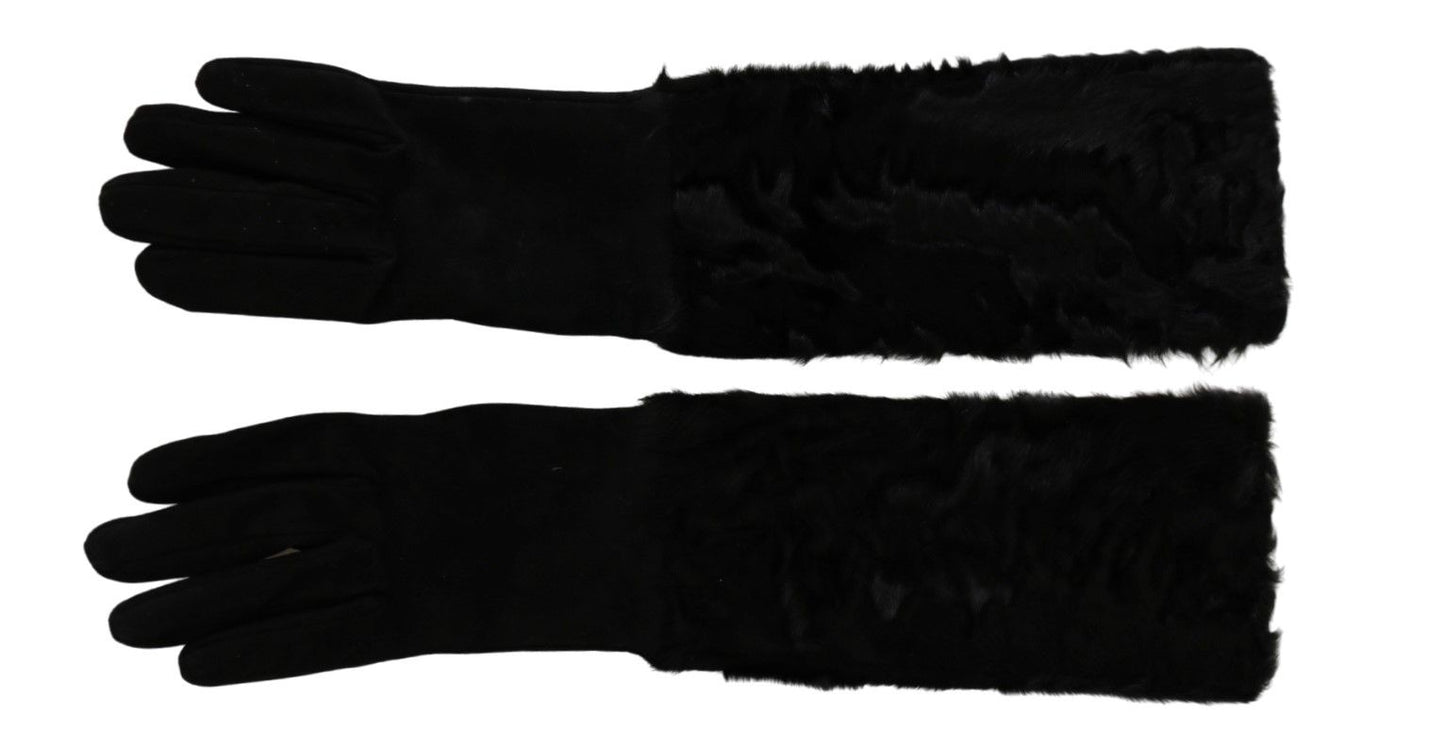 Dolce & Gabbana Black Elbow Length Mitten Suede Fur Women's Gloves