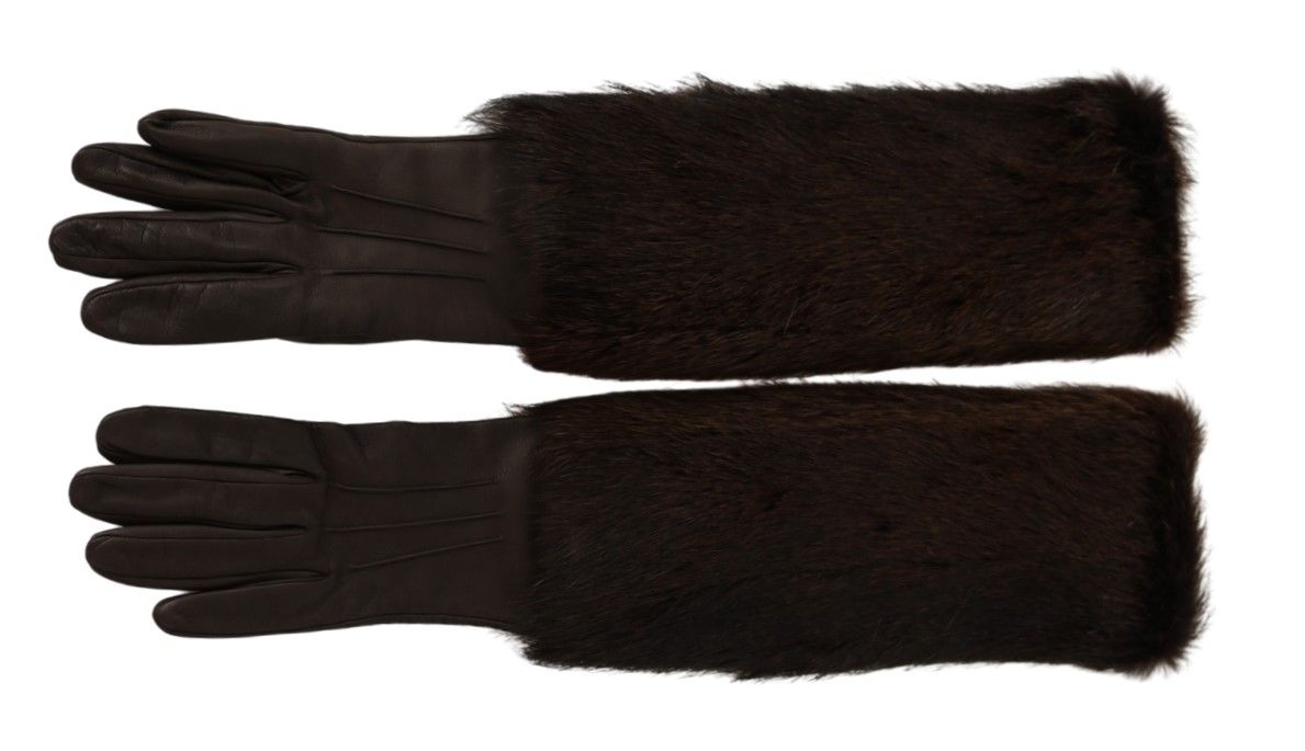 Dolce & Gabbana Brown Elbow Length Mittens Leather Fur Women's Gloves