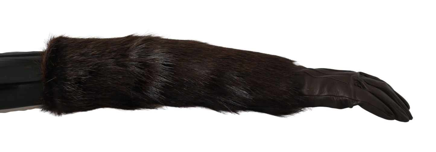 Dolce & Gabbana Brown Elbow Length Mittens Leather Fur Women's Gloves