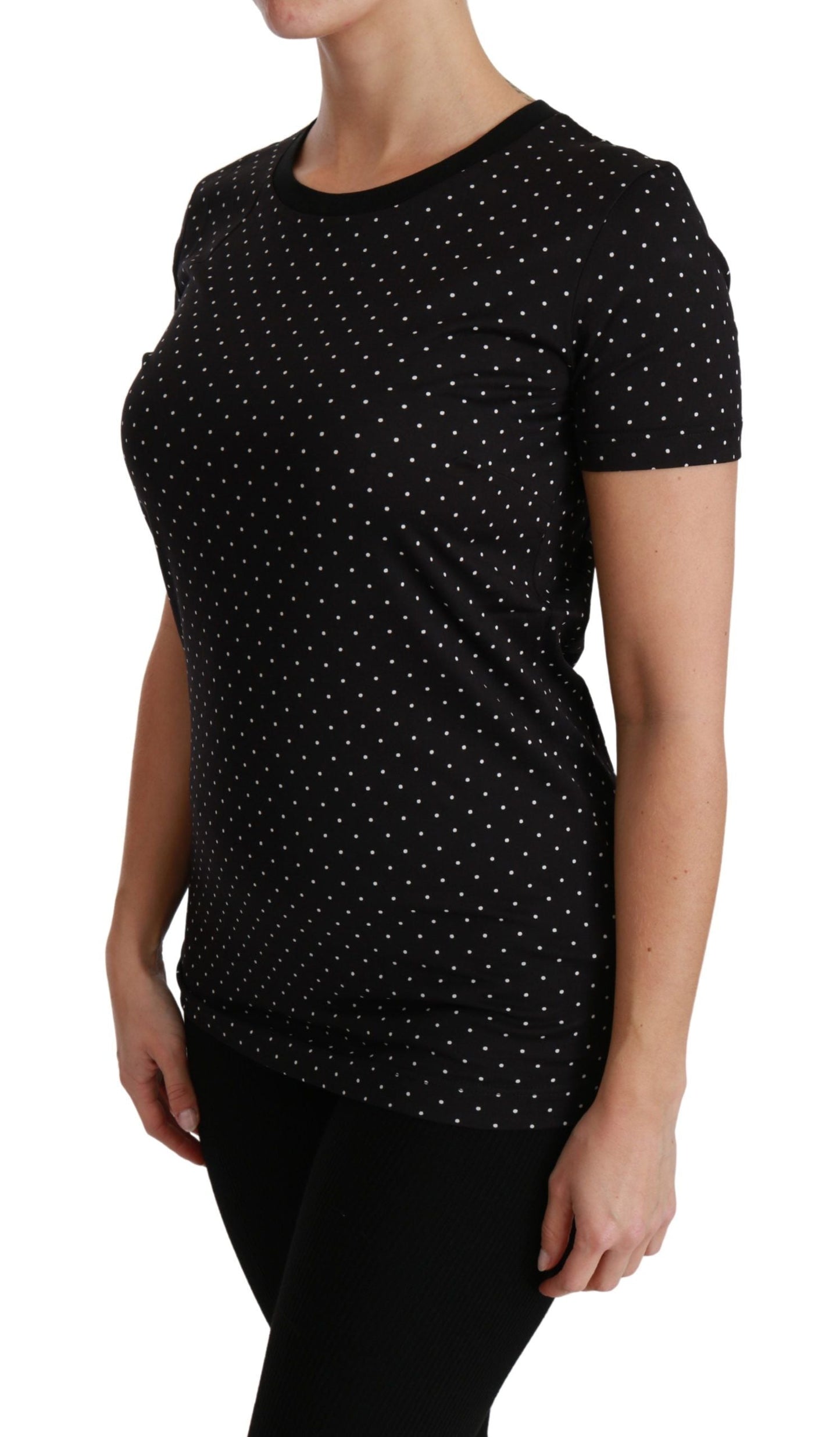 Dolce & Gabbana Black Dotted Crewneck Cotton Top Women's T-shirt