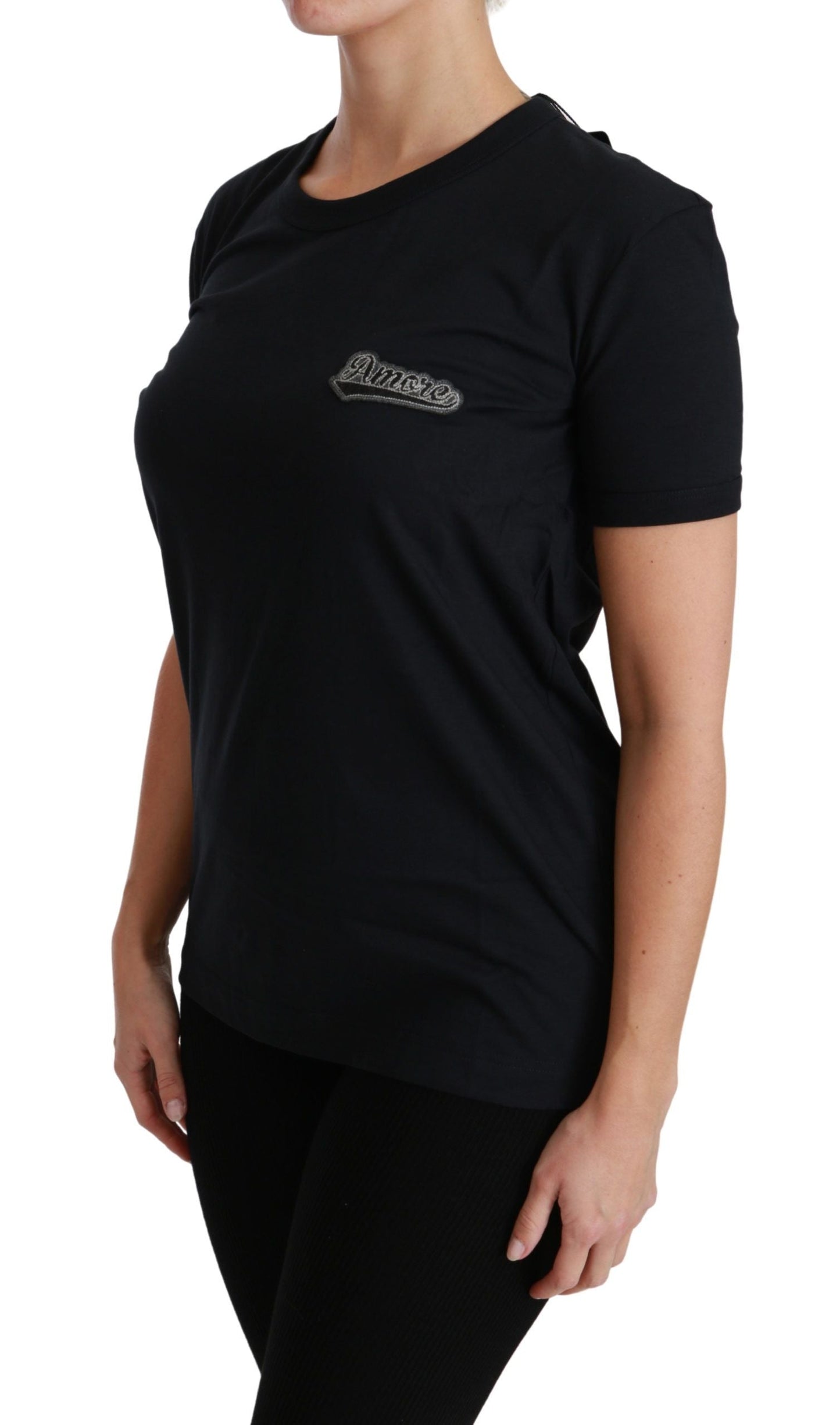 Dolce & Gabbana Blue Amore Patch Crewneck Cotton Top Women's T-shirt