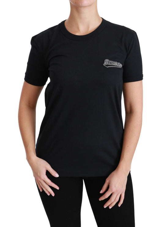 Dolce & Gabbana Blue Amore Patch Crewneck Cotton Top Women's T-shirt