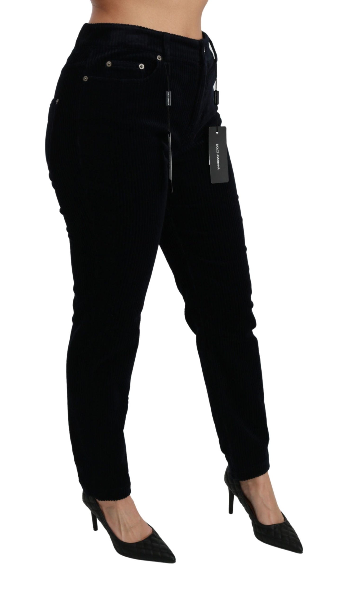 Dolce & Gabbana Blue Corduroy Mid Waist Skinny Pants Women's Jeans