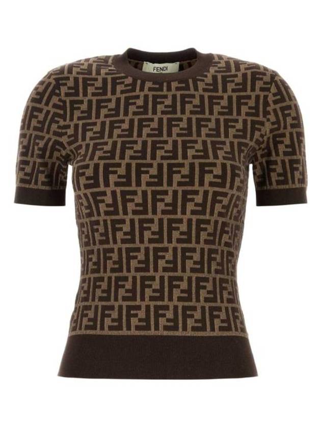 Fendi FF Cotton Crew Neck Short-Sleeved Knit Top Brown