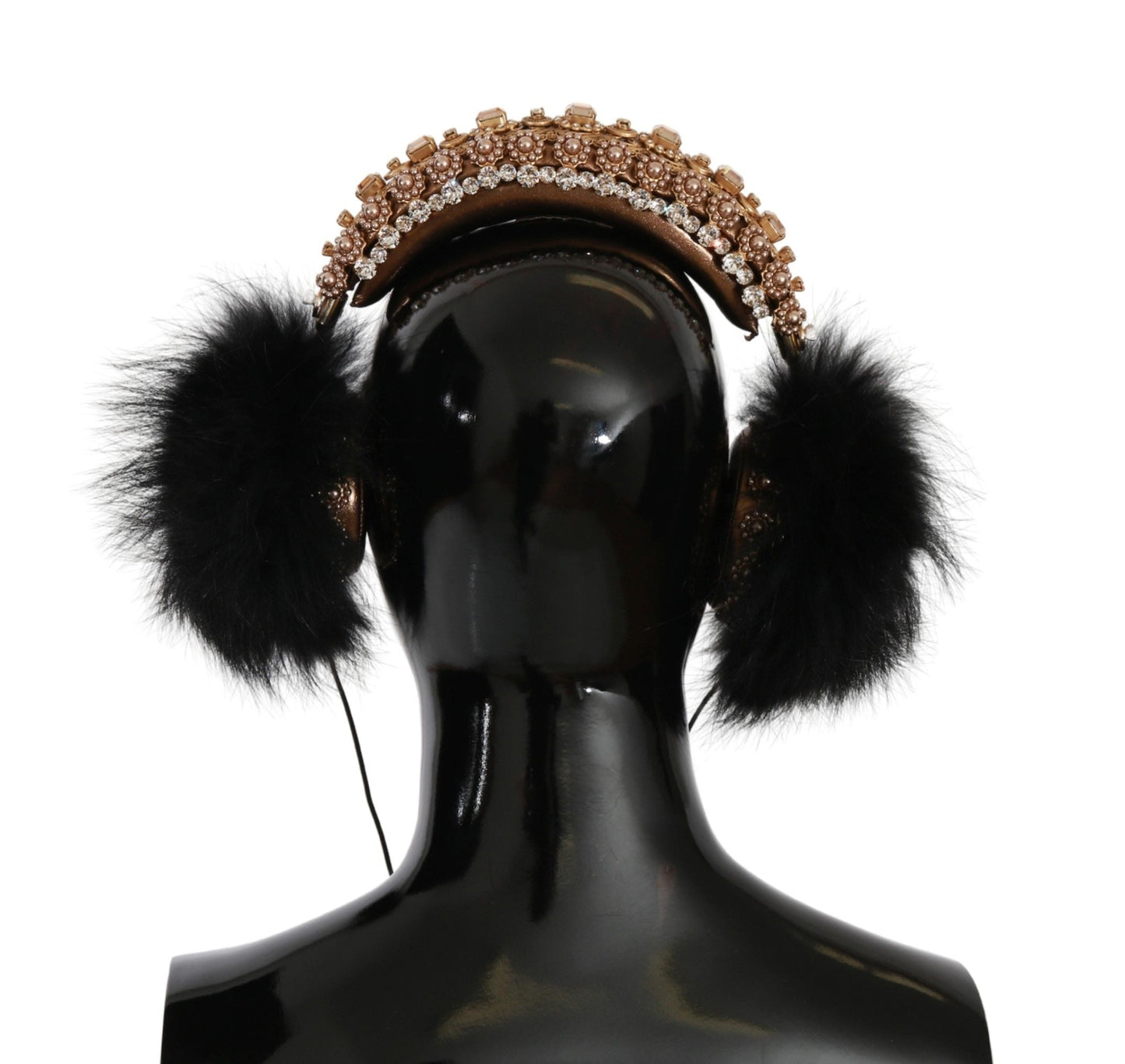 Dolce & Gabbana Gold Black Crystal Fur Headset Audio Women's Headphones