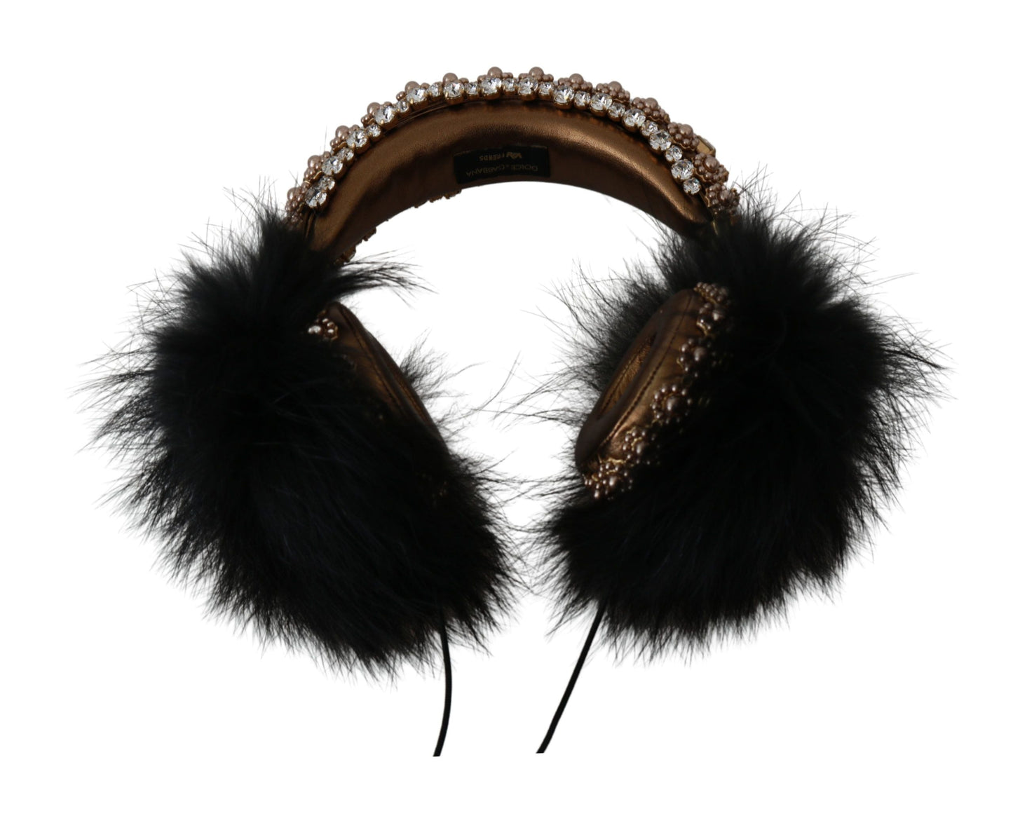 Dolce & Gabbana Gold Black Crystal Fur Headset Audio Women's Headphones