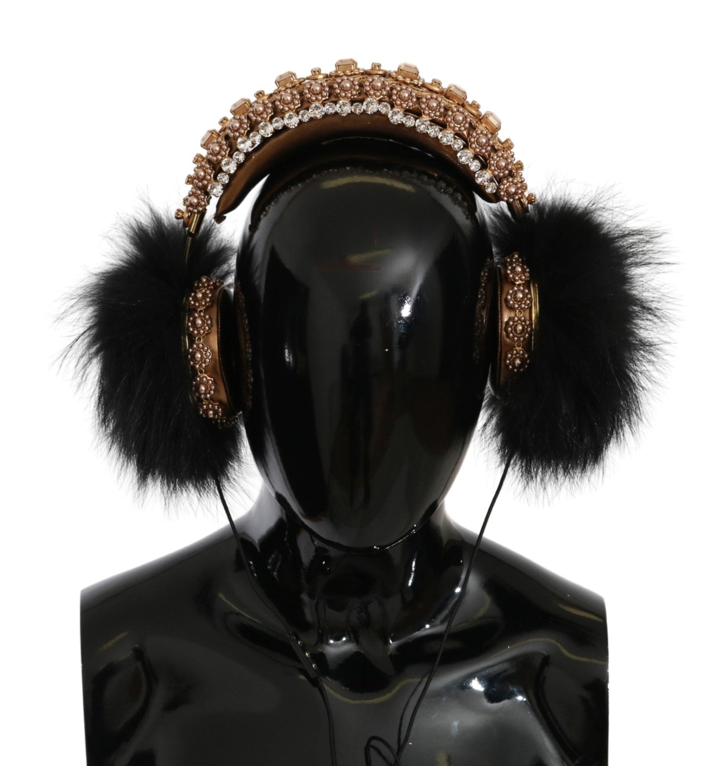 Dolce & Gabbana Gold Black Crystal Fur Headset Audio Women's Headphones