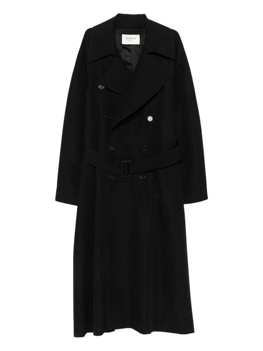 Saint Laurent Men Double-Breasted Long Coat In Grain De Poudre