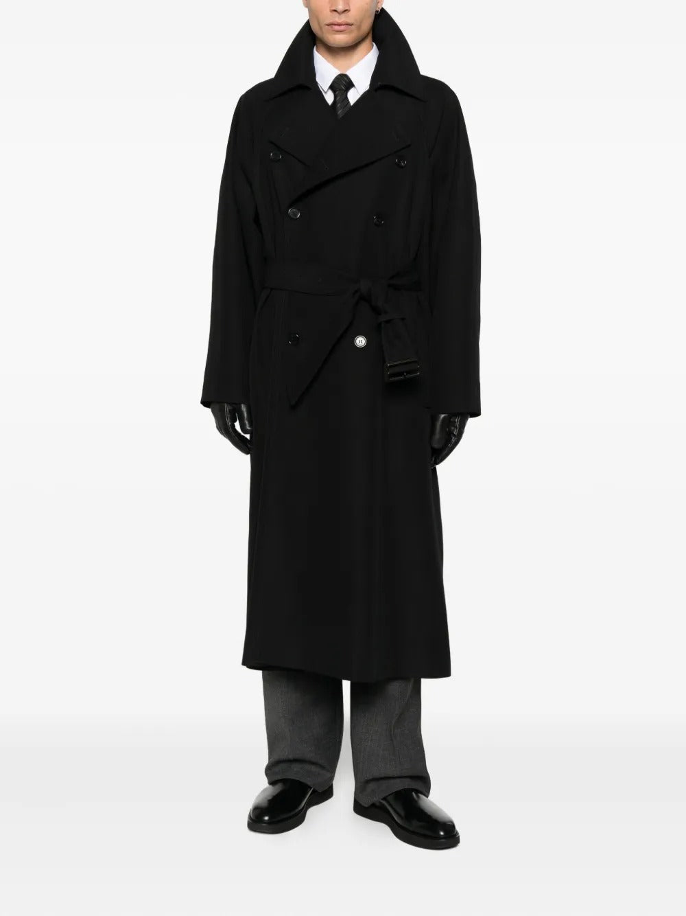 Saint Laurent Men Double-Breasted Long Coat In Grain De Poudre