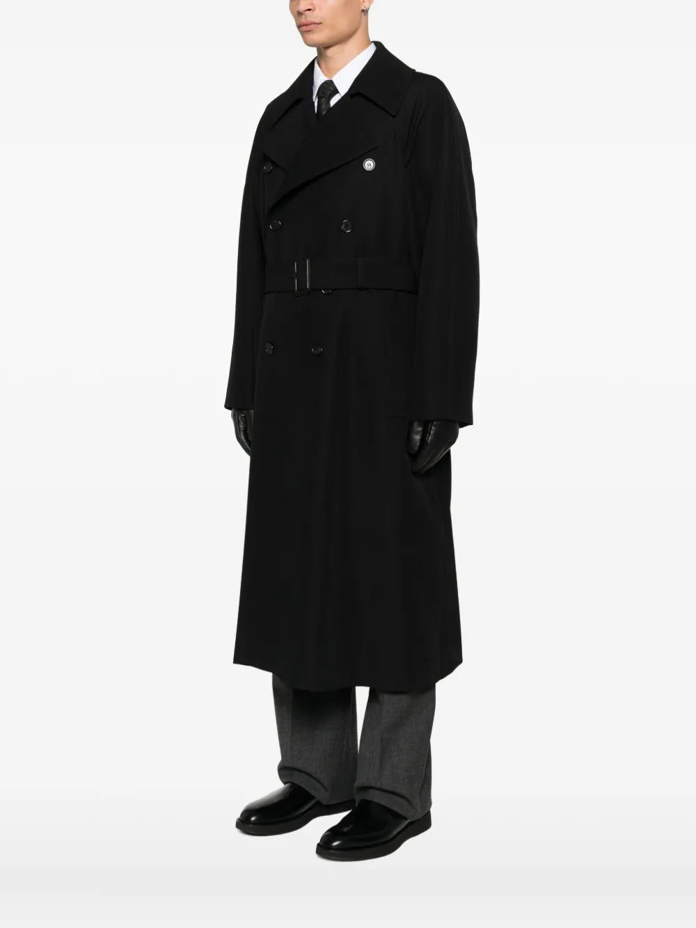 Saint Laurent Men Double-Breasted Long Coat In Grain De Poudre