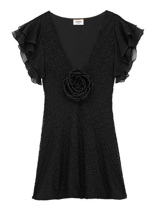 Saint Laurent Women Abito Con Scollo A V In Mussola Ricamata