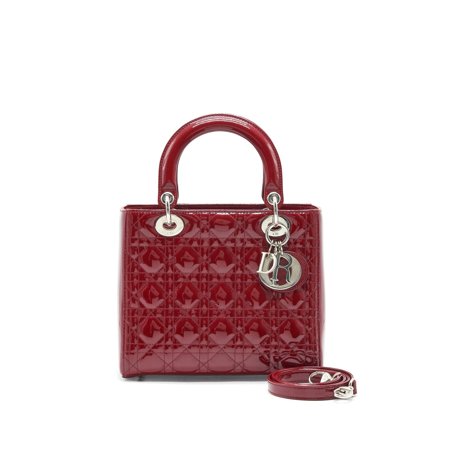 CHRISTIAN DIOR MEDIUM LADY DIOR RED PATENT LEATHER BAG