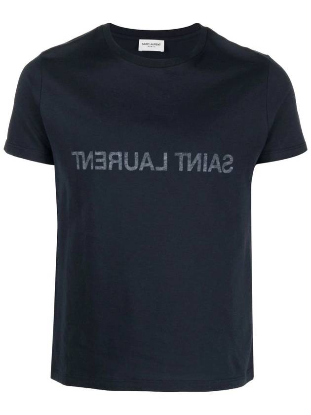 Saint Laurent Reverse Logo Print Cotton Short Sleeve T-Shirt Navy
