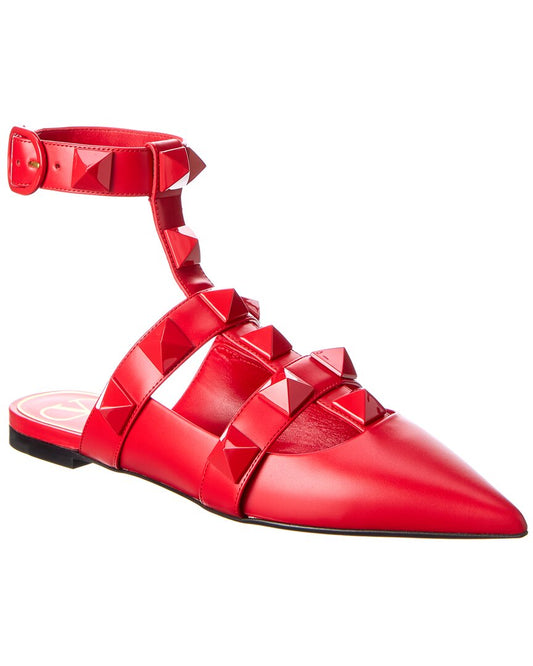 Valentino Roman Stud Leather Ankle Strap Flat Red