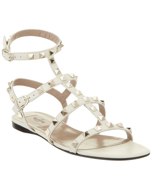 Valentino Rockstud Caged Leather Ankle Strap Sandal White
