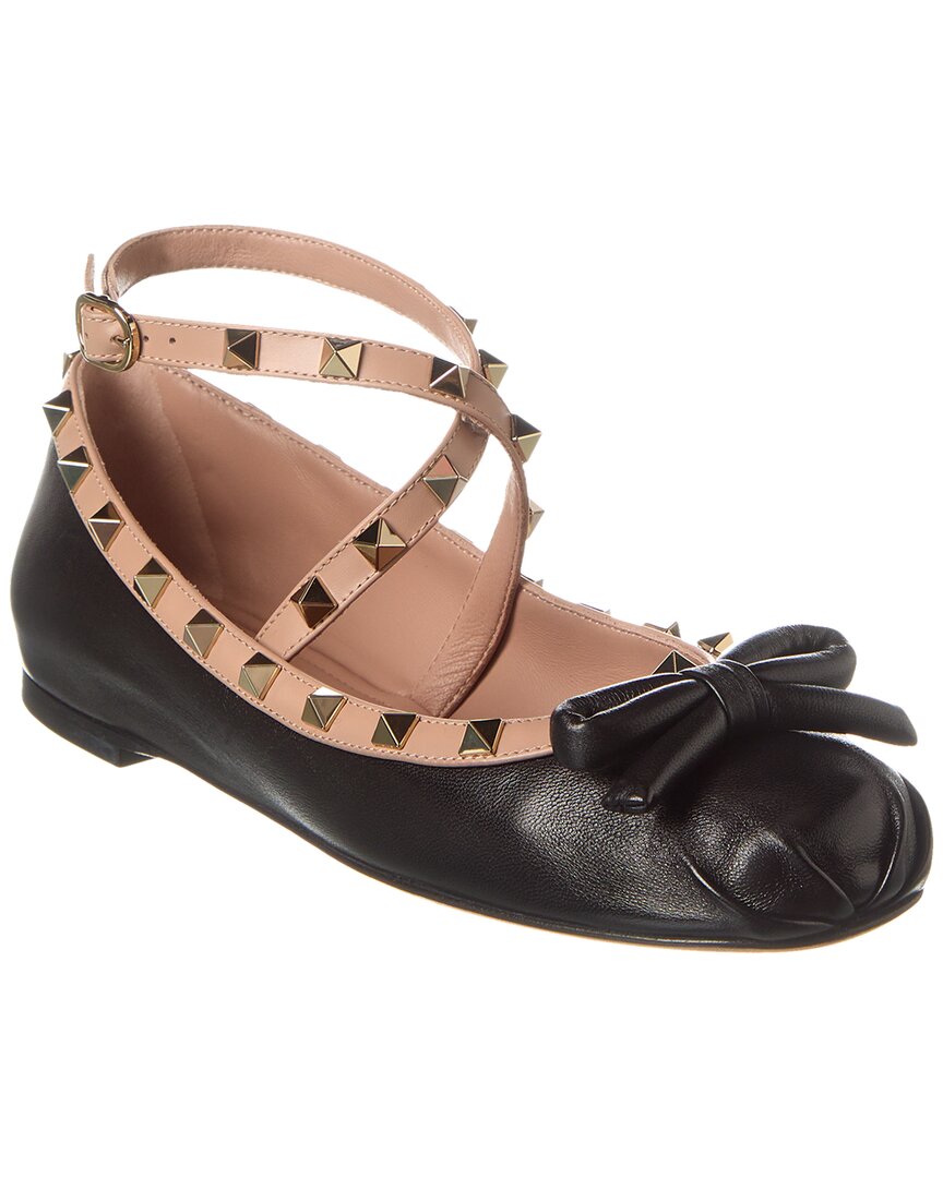 Valentino Rockstud Leather Ankle Strap Ballerina Flat Black