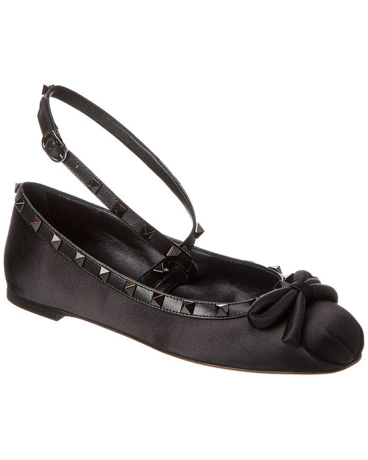 Valentino Rockstud Satin & Leather Ankle Strap Ballerina Flat Black