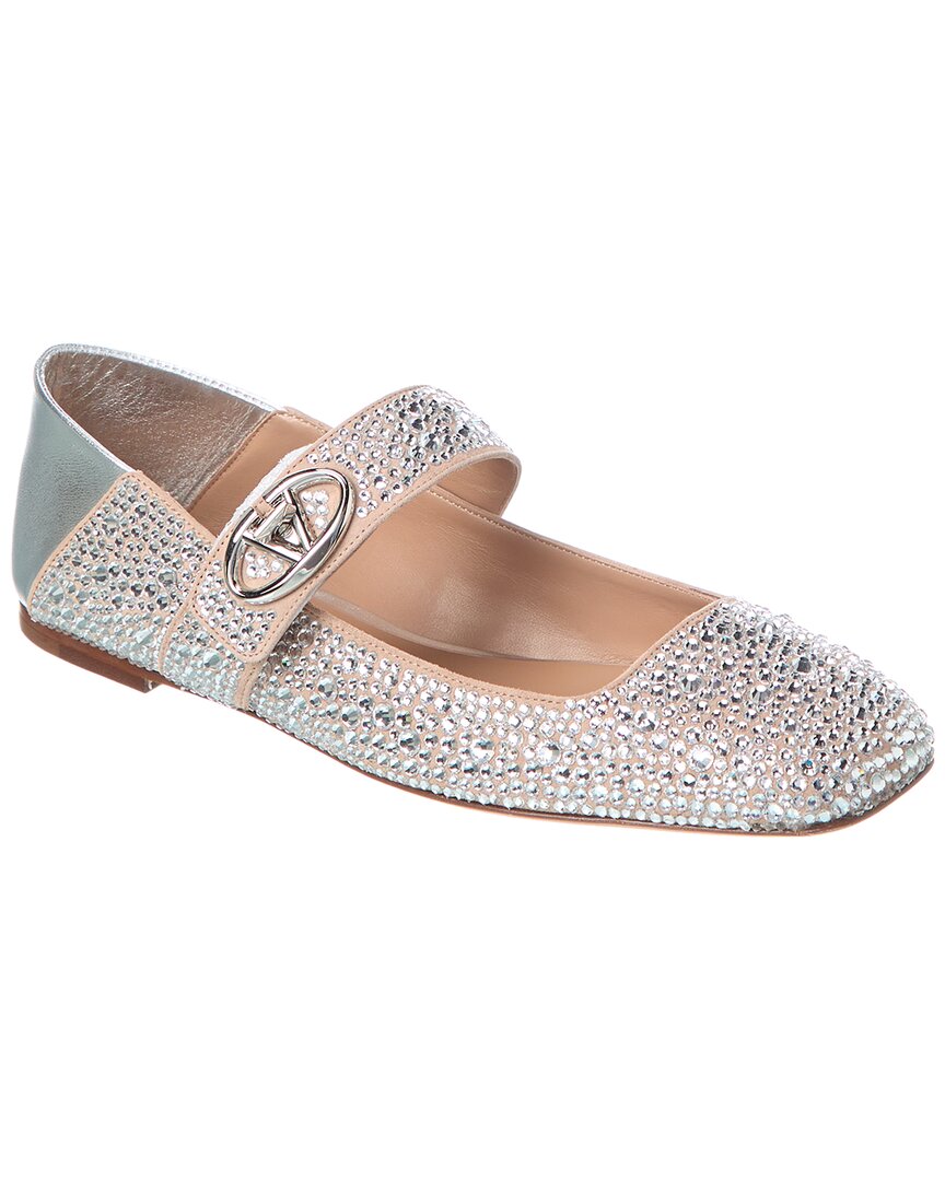 Valentino Vlogo Crystals Suede & Leather Flat Gold