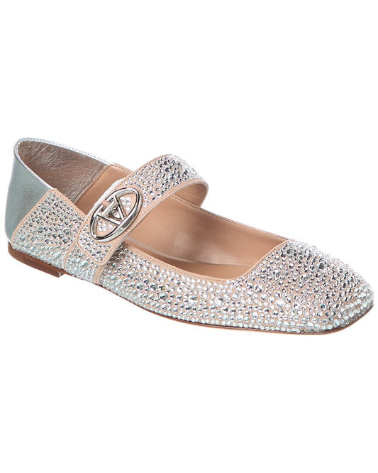 Valentino Vlogo Crystals Suede & Leather Flat Gold